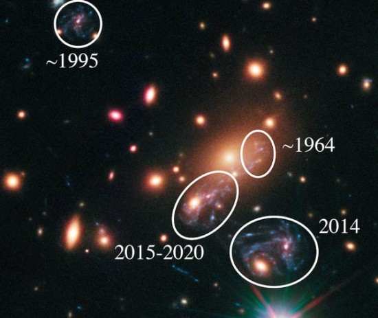 Mehrere Bilder der Refsdal Supernova. © NASA and European Space Agency